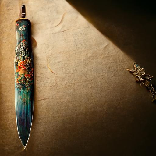 a japanese dagger filled with ancient manuscripts, with imbued magic and details on the wooden handle, digital art