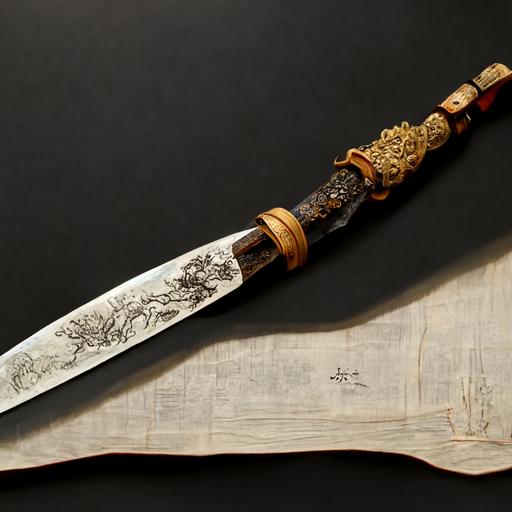 a japanese dagger filled with ancient manuscripts, with imbued magic and details on the wooden handle, digital art