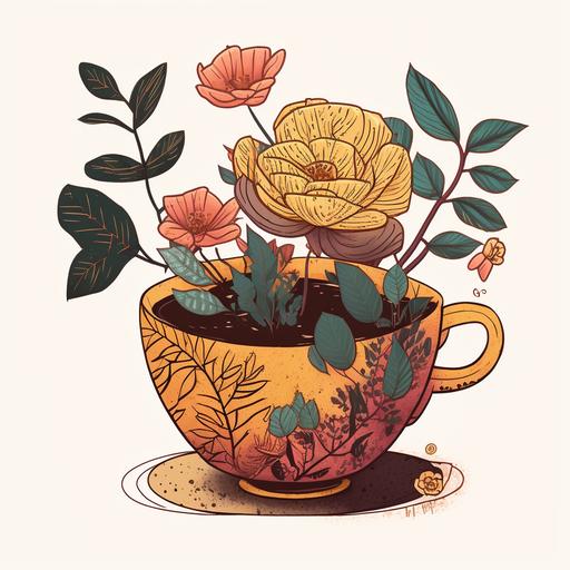 a japanese plant in a vintage tea cup, orange, rosa, magenta, gold colours, cartoon style