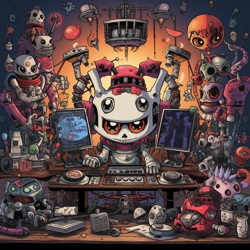 a japanese techno party, mix table in the style of cuphead old drawing