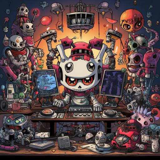 a japanese techno party, mix table in the style of cuphead old drawing
