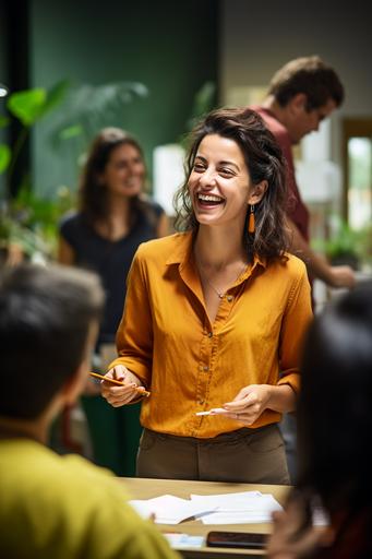 a japonese woman wearing olive green ellegant shirt looking as a 1970 era style. She is standing up, talking to a group of brazillian people who is sitting arround a desk. The group is using post-its and pens to create new ideias. The room have a lot of books and plants and look as a 1970 era office too. Use wide angle, grainy photo style, 1970s era and a day light mode. Use yellow gold collor only in the details --ar 2:3