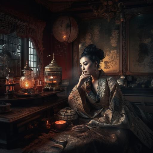 a jazz geisha preparing for war, smeared makeup, highly detailed, in exquisite beauty, mystical enchantment, in an opium den surrounded by ornate glass and luxury furniture --v 5