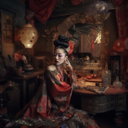 a jazz geisha preparing for war, smeared makeup, highly detailed, in exquisite beauty, mystical enchantment, in an opium den surrounded by ornate glass and luxury furniture --v 5