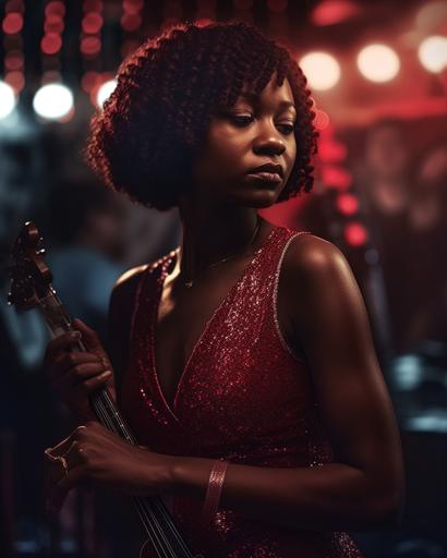 a jazz scene in a jux joint , suga avery from the movie color purple with red sequin dress, detail, camera canon R5 85MM F8 1/100 ISO 100, studio ligthning, softbox and silver reflector down the chain, geometric colors background, hyperrealistic 4K --ar 4:5 --s 750 --v 5