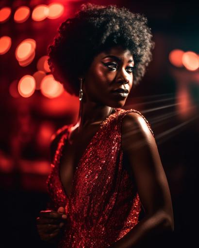 a jazz scene in a jux joint , suga avery from the movie color purple with red sequin dress, detail, camera canon R5 85MM F8 1/100 ISO 100, studio ligthning, softbox and silver reflector down the chain, geometric colors background, hyperrealistic 4K --ar 4:5 --s 750 --v 5