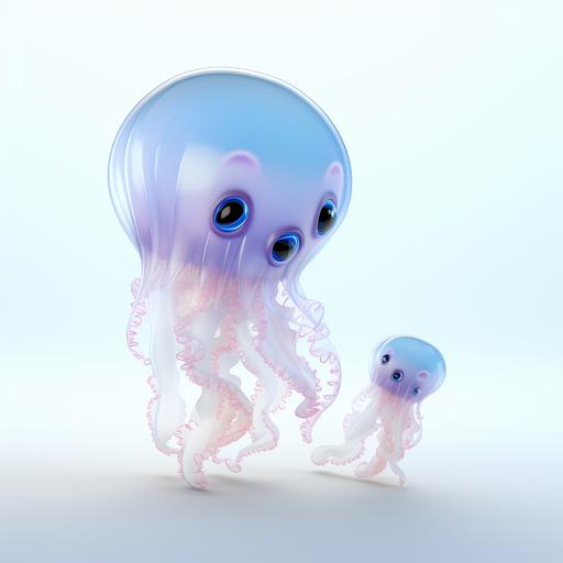 a jellyfish with a baby jellyfish, cartoon style, disney style, white backround, high quality, 3d rendered