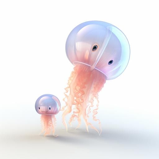a jellyfish with a baby jellyfish, cartoon style, disney style, white backround, high quality, 3d rendered