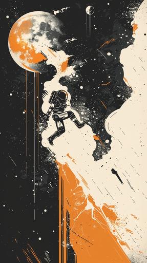 a jetpack girl launching from the planet into the atmosphere vector lithographic print style anime orange white and black --ar 9:16