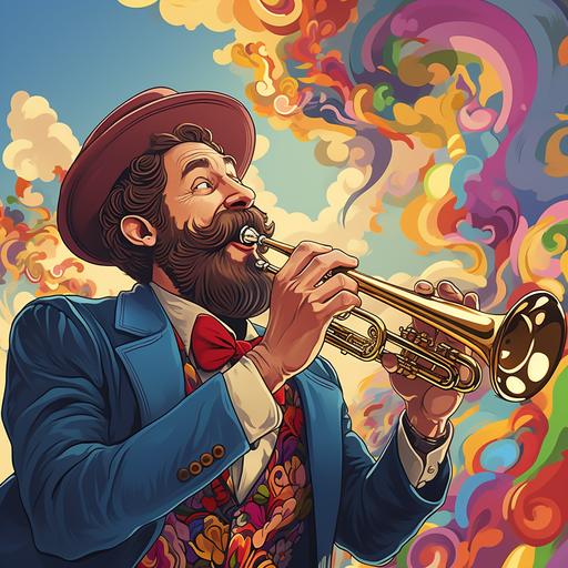 a jewish man blowing a trumpet. Family friendly. Cartoon style artwork. Brought to life with vibrant colors and highly detailed.