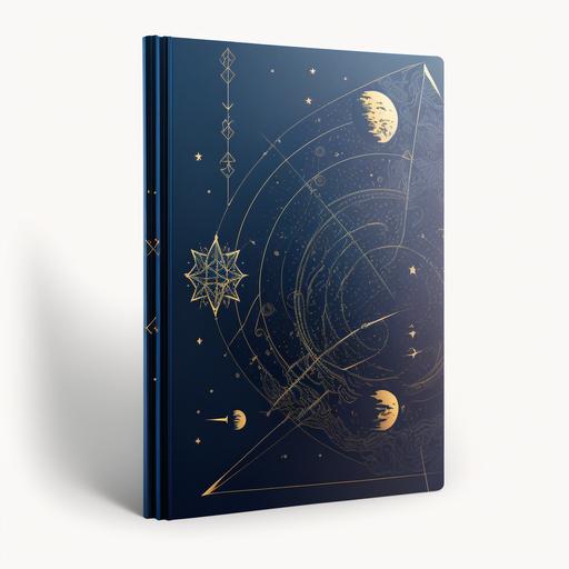 a journal cover design (40 x 24 cm) with a dark blue gradient background with golden astronomical figures all over resembling a sky map