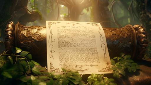 a jungle kingdoms official decree on a scroll of parchment paper, dynamic lighting, plants and vine sin the background, cinematic, 9K, --aspect 16:9