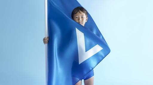 a junior happy japanese swimmer, full body view, wearing blue swimming suit, holding a blue flag with V logo, captured with a Nikon D850 and a Nikon AF-s NIKKOR 70-200mm f/2.8E FL ED VR lens, lit with high-intensity beams to create a soft, ethereal feel, white background, a shallow surface depth of field, 8k --ar 16:9 --s 750 --v 5 --q 2