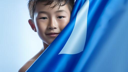 a junior happy japanese swimmer wearing blue swimming suit, holding a blue flag with V logo, captured with a Nikon D850 and a Nikon AF-s NIKKOR 70-200mm f/2.8E FL ED VR lens, lit with high-intensity beams to create a soft, ethereal feel, white background, a shallow surface depth of field, 8k --ar 16:9 --s 750 --v 5 --q 2