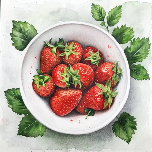 a kawaii bowl of strawberries done in watercolor and chalk pastels in a white bowl with green leaves