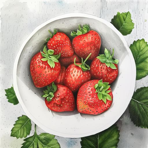 a kawaii bowl of strawberries done in watercolor and chalk pastels in a white bowl with green leaves