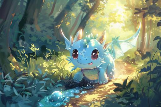 a kawaii chibi anime blue dragon riding through a forest on a slime --ar 3:2 --v 6.0