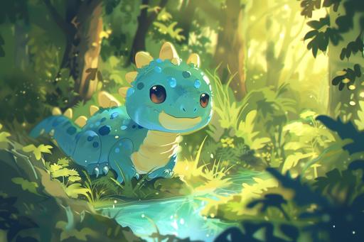 a kawaii chibi anime blue dragon riding through a forest on a slime --ar 3:2 --v 6.0