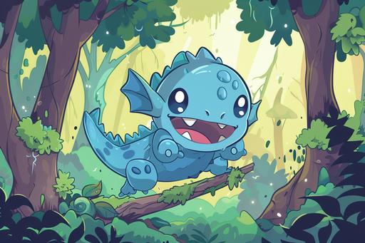 a kawaii chibi anime blue dragon riding through a forest on a slime --ar 3:2 --v 6.0