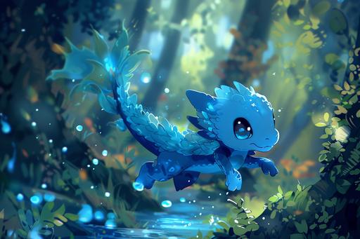 a kawaii chibi anime blue dragon riding through a forest on a slime --ar 3:2 --v 6.0