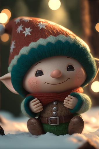 a kawaii christmas elf doll entirely made of squishy, semi-translucent silicone, sweet smile, in a snowy forest setting, raking sunlight, backlit, subsurface scattering maya render, hyperrealistic, soft yule colors, 3d octane render, soft volumetric lighting, ray tracing, subsurface scattering maya render --ar 2:3 --v 4