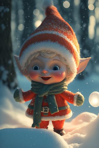 a kawaii christmas elf doll entirely made of squishy, semi-translucent silicone, sweet smile, in a snowy forest setting, raking sunlight, backlit, subsurface scattering maya render, hyperrealistic, soft yule colors, 3d octane render, soft volumetric lighting, ray tracing, subsurface scattering maya render --ar 2:3 --v 4