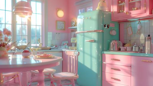 a kawaii kitchen that has a retro refrigerator and retro table and chairs in phosphorescent architecture, in the style of baby pink and light emerald and pastel blue, flat, pastel coloring, limited shading, 3D, meticulous detail, tinycore, porcelain, retro-style --ar 16:9 --s 371 --c 8 --v 6.0