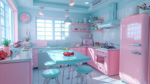 a kawaii kitchen that has a retro refrigerator and retro table and chairs in phosphorescent architecture, in the style of baby pink and light emerald and pastel blue, flat, pastel coloring, limited shading, 3D, meticulous detail, tinycore, porcelain, retro-style --ar 16:9 --s 371 --c 8 --v 6.0