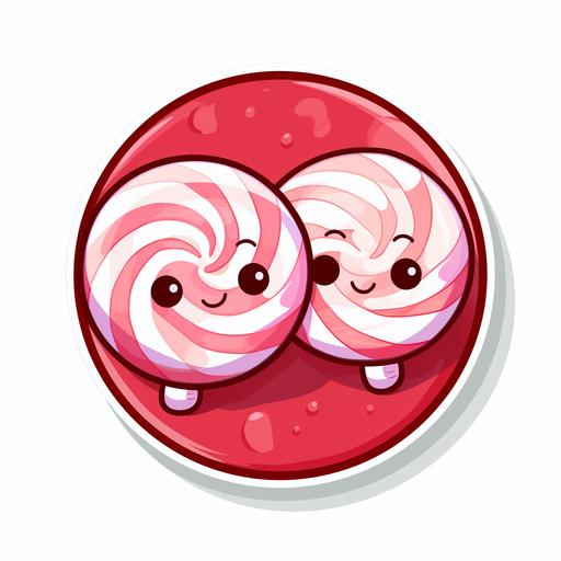 a kawaii peppermint circle in the candy wrapper hugging another kawaii peppermint circle in the candy wrapper. They are both smiling. Sticker style