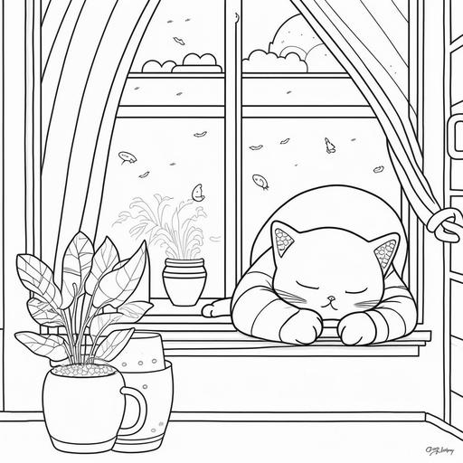a kawaii style cat napping on a window seat in a cozy cafe for coloring page with crisp lines and white background ar 17:22