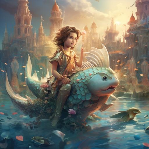 a kid sitting on a mermaid who is taking him to an underwater kingdom. There he saw a palace made of pearls and seashells.