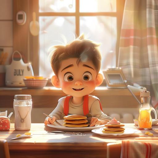a kid sitting on breakfast table eating pancakes, cartoon style, kid is looking happy and enjoying food