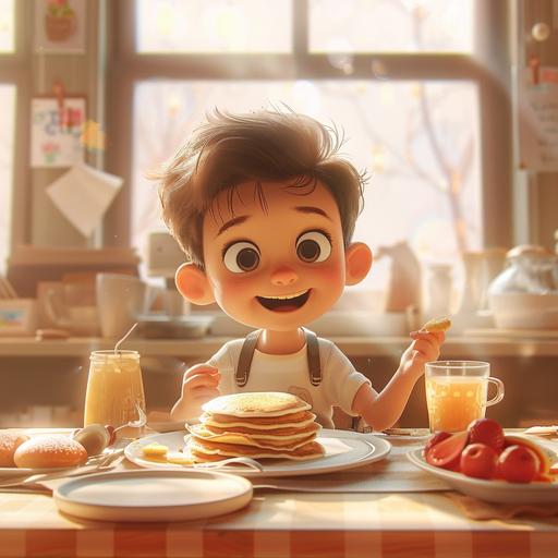 a kid sitting on breakfast table eating pancakes, cartoon style, kid is looking happy and enjoying food
