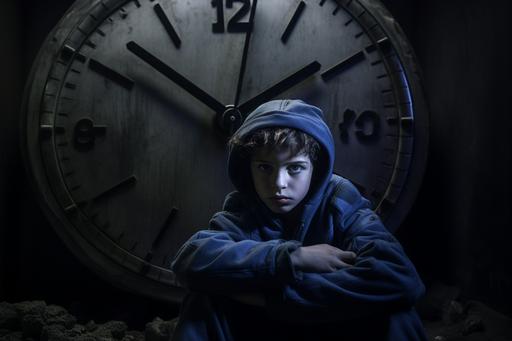 a kidnapped Israeli child, wearing an Israeli flag on his shoulders, sits in a bunker. A large round clock near the wall, realistic photo --ar 3:2