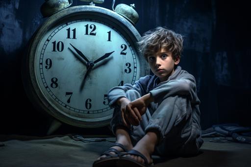 a kidnapped Israeli child, wearing an Israeli flag on his shoulders, sits in a bunker. A large round clock near the wall, realistic photo --ar 3:2