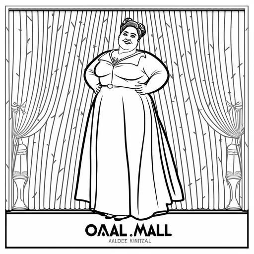 a kids coloring book page with realistic image of Hattie McDaniel, full body dressed in a gown, logo style of coloring book, vector lines, black and white, symmetrical curtain background