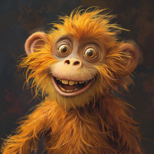 a kids illustration of a mischievous, funny looking monkey with fur made of gold --v 6.0
