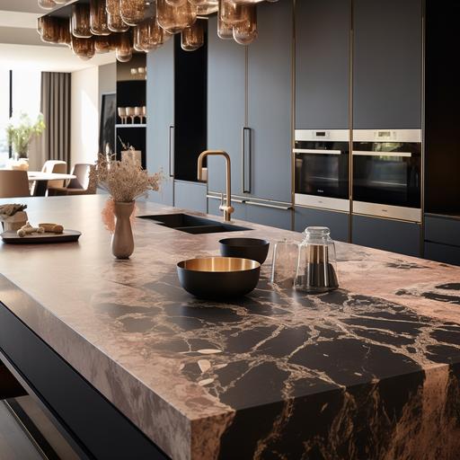 a kitchen countertop with Scagliola marble pattern, beige and rose gold and black, embossed gold highlights