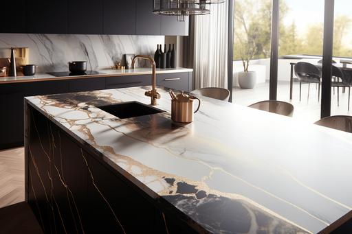 a kitchen countertop with Scagliola marble pattern, white and rose gold and black, embossed gold highlights