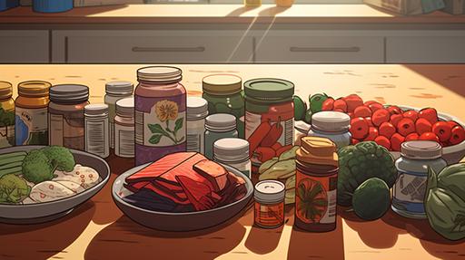 a kitchen table filled with vitamin bottles, supplements and healthy organic food packages. the style is that of a graphic novel. --ar 16:9
