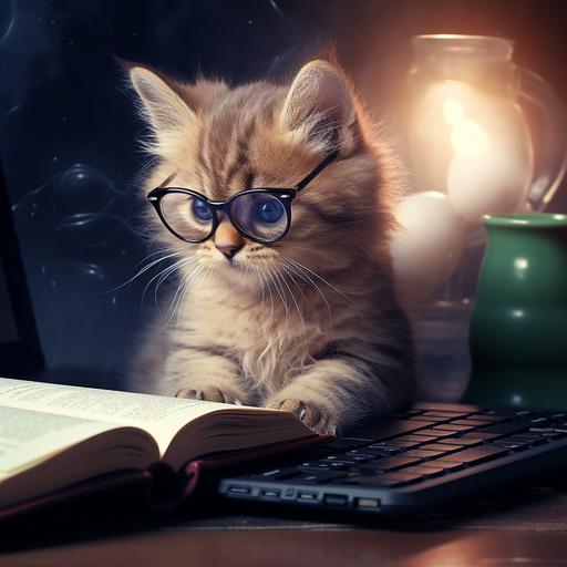 a kitten in glasses writing a raport on the computer