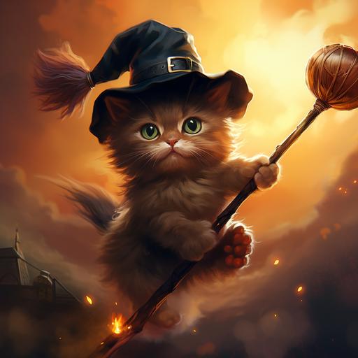a kitten wearing a witches hat riding on a broom. Cute