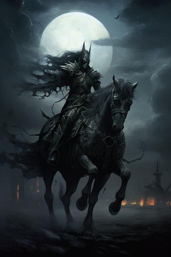 a knight riding a horse with a long tail, in the style of gothic dark and macabre, gothcore --ar 2:3 --v 5.1