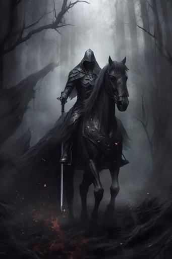 a knight riding a horse with a long tail, in the style of gothic dark and macabre, gothcore --ar 2:3 --v 5.1