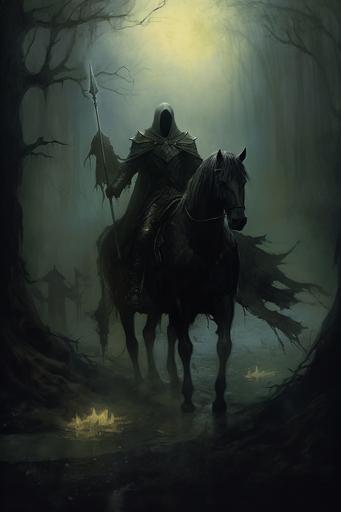 a knight riding a horse with a long tail, in the style of gothic dark and macabre, gothcore --ar 2:3 --v 5.1