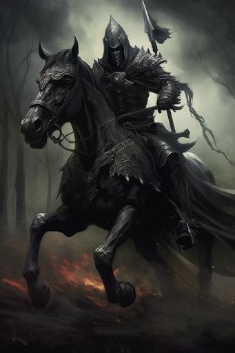 a knight riding a horse with a long tail, in the style of gothic dark and macabre, gothcore --ar 2:3 --v 5.1