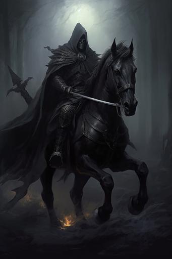 a knight riding a horse with a long tail, in the style of gothic dark and macabre, gothcore --ar 2:3 --v 5.1