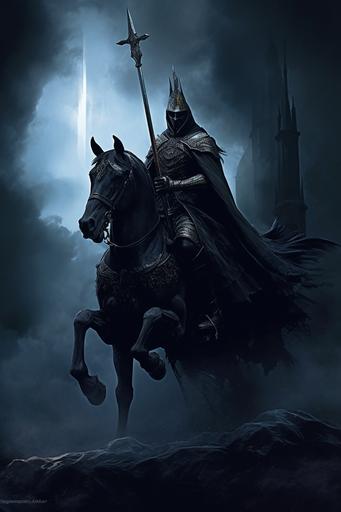 a knight riding a horse with a long tail, in the style of gothic dark and macabre, gothcore --ar 2:3 --v 5.1