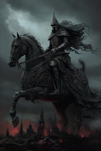 a knight riding a horse with a long tail, in the style of gothic dark and macabre, gothcore --ar 2:3 --v 5.1