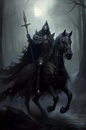 a knight riding a horse with a long tail, in the style of gothic dark and macabre, gothcore --ar 2:3 --v 5.1